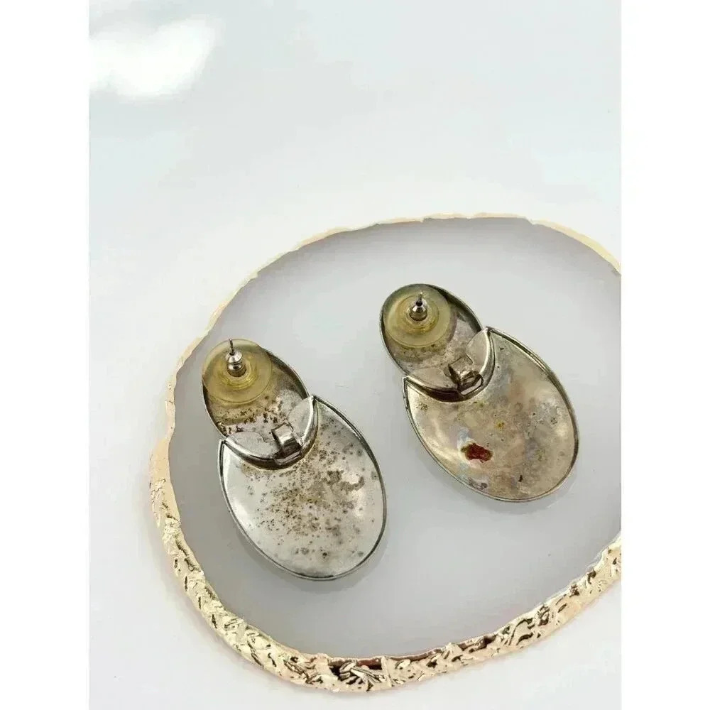 Vintage Enamel / Drip Glaze Retro Green & Yellow Oval Dangle Earrings - Picture 3 of 6